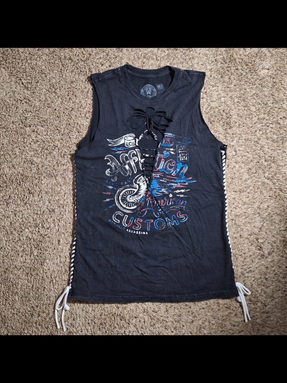 Affliction American Customs Lace-Up Side Corset Graphic Tank Top Size M